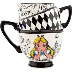 Disney Mug Alice in Wonderland Stacked Teacups Monochrome NWT Tea Party Mug 20oz